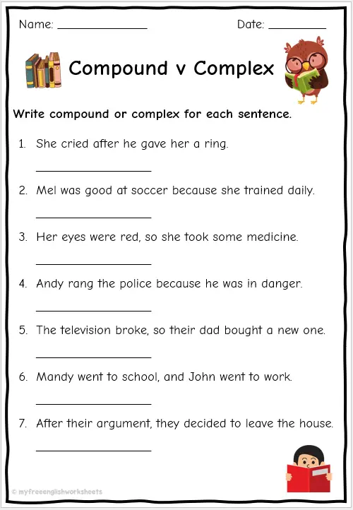 Simple Sentence And Complex Sentence Worksheet